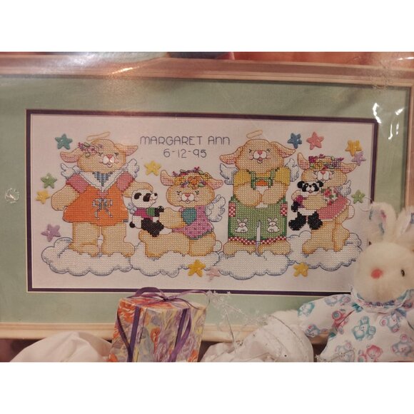 Bucilla Baby Heavenly Bunnies Birth Record Cross Stitch Kit Stamped Design 41048 - Picture 3 of 4